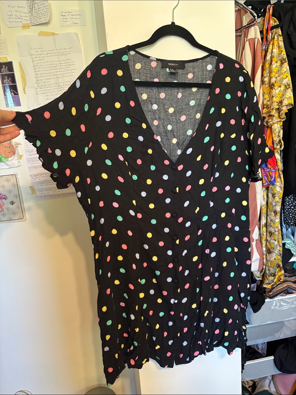 Forever 21+ Black Polka Dot V-Neck Mini Dress— Multicolor Dots